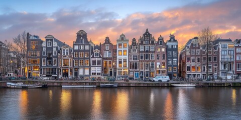 Obraz premium The picturesque canals of Amsterdam, lined with charming houses, reflect the golden glow of the setting sun. The River Amstel flows through the heart of the city, adding to its timeless beauty.