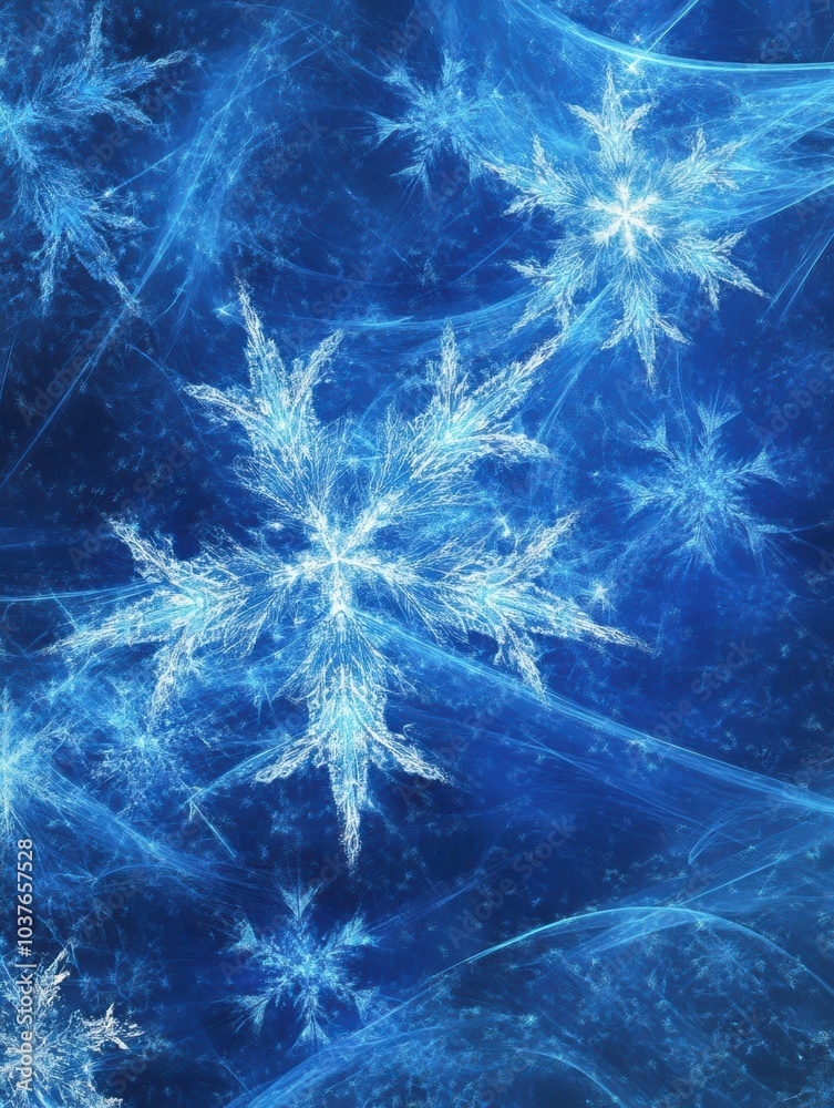 Poster delicate, abstract snowflakes shimmer in various sizes against a deep blue backdrop, capturing the e