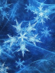Delicate, abstract snowflakes shimmer in various sizes against a deep blue backdrop, capturing the essence of winter magic and beauty. Generative AI