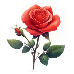 Stunning red rose with vibrant petals and green leaves, isolated on white background.