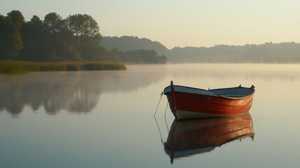 Obraz premium A fishing boat anchored peacefully in a quiet lake at dawn.