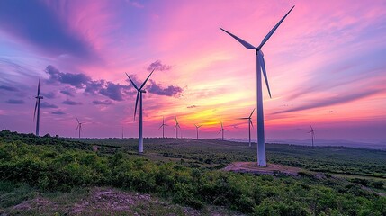 Obraz premium Wind turbines stand tall against a vibrant sunset sky.
