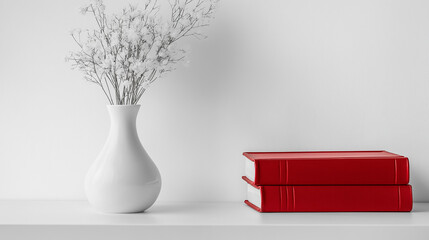 red books and white vase on the table , white background