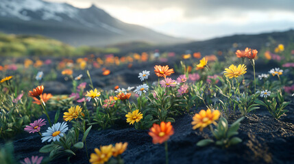 Fototapeta premium A field of wildflowers blooming on a volcanic ash landscape, creating a stunning contrast.