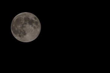 A high-resolution photograph of the full moon, capturing the intricate details of its surface against the dark night sky.