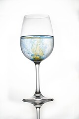 Wineglass on white background with blue and yellow acrylic paint in water  