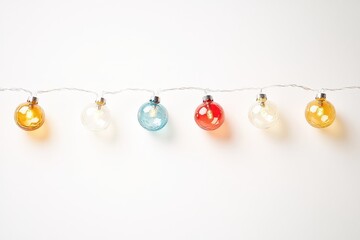 Colorful hanging festive string lights on white background for holiday decoration
