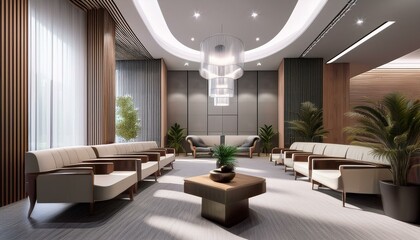 Elegant waiting area in a corporate setting with structured seating and sophisticated interior elements. 3D Render