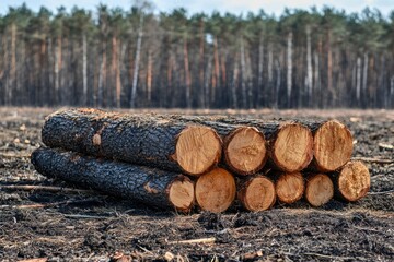 Stacked Logs in a Burned Forest Clearing