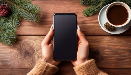 Hands holding a smartphone with a black screen on a wooden table with a cup of coffee and pine branches.