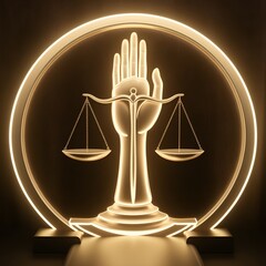 Luminous human rights symbol with raised hand and scales of justice in golden glow