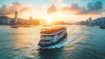 Naklejka premium A ferry transporting passengers across a bustling harbor.