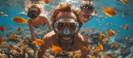 A man and two women snorkeling in the ocean with a diverse collection of orange and yellow fish, with the man smiling into the camera while looking through his snorkeling gear.