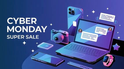 Cyber Monday Super Sale Banner with Chat Bubbles and Tech Devices