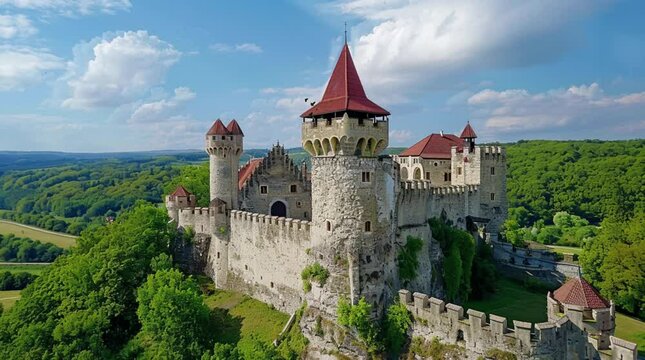 Majestic castle on a sunny day, highlighting its grandeur and architectural beauty  
Seamless looping 4k time-lapse virtual video animation Generated AI