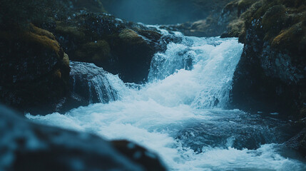 Naklejka premium A fast-flowing river cascading over rocks, creating a beautiful waterfall effect.