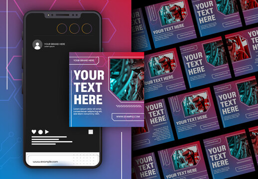 Futuristic Neon Technology Social Media Post Set