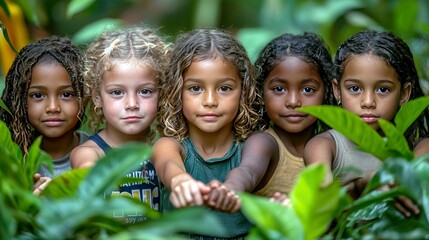 Five diverse children stand in a row in front of green foliage, looking directly at the camera.