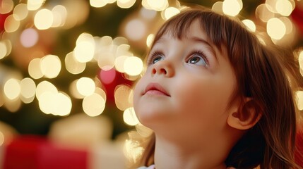 Fototapeta premium Child gazing at festive lights with wonder and awe, AI