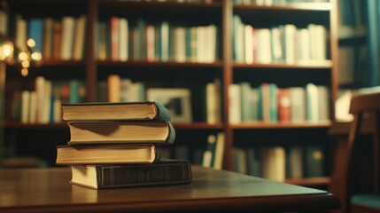 Books on a Table in a Library