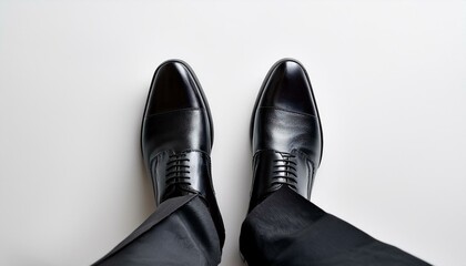 Top view of businessman's black shoes on white surface, corporate attire