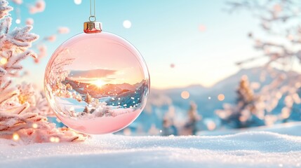 Pink Christmas decoration reflecting snowy mountain sunrise