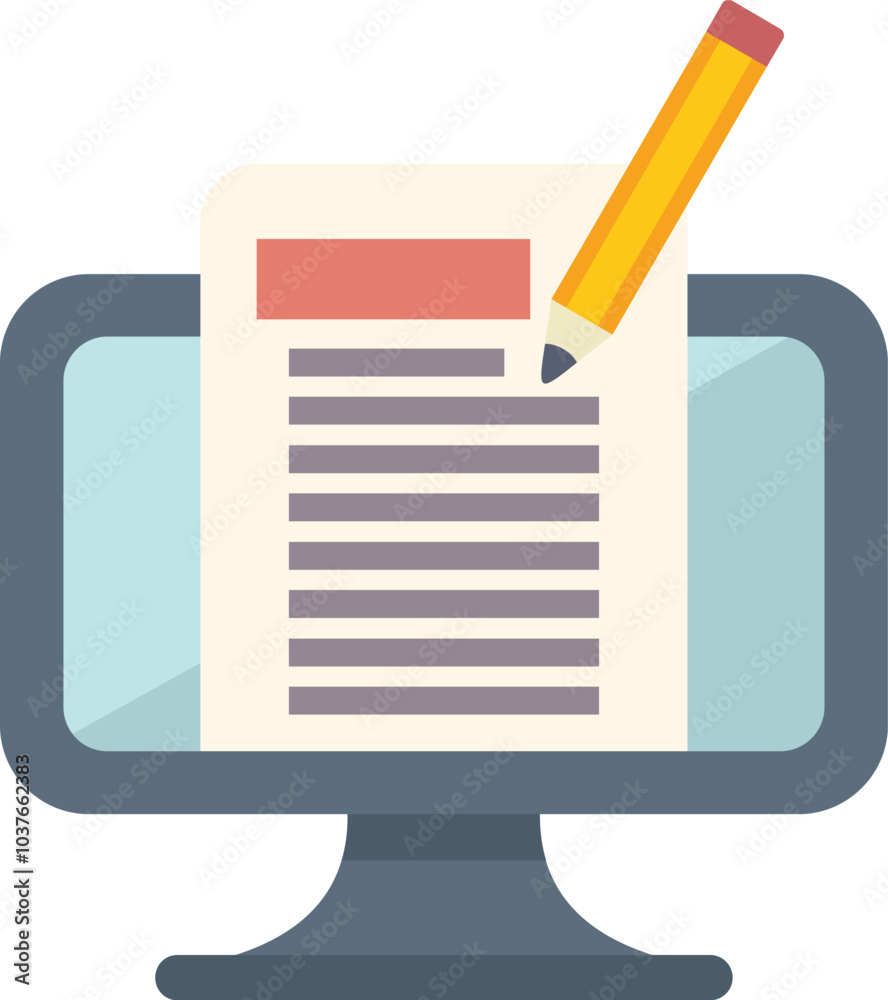 Poster pencil is editing text on a computer screen with a cursor in flat cartoon style