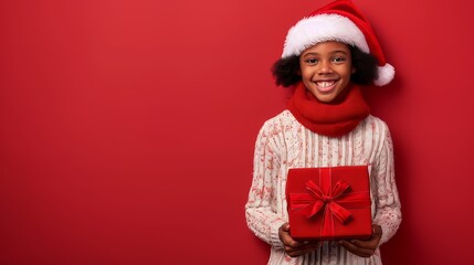 Fototapeta premium Cheerful young African boy in Santa hat holding large red gift box against a vibrant red background banner empty space