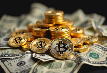 A view Bitcoins laying down on some US dollars bills. AI Image.