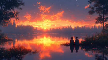 Fototapeta premium Two people sit peacefully by a calm lake, watching a breathtaking sunset reflected on the water under a colorful sky