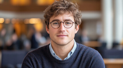 Obraz premium A young man with curly hair and glasses sits at a desk, deep in thought amid a vibrant work environment during the afternoon