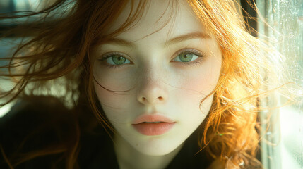 Naklejka premium A young woman with vibrant red hair and piercing green eyes looks thoughtfully, with sunlight casting a warm glow on her face