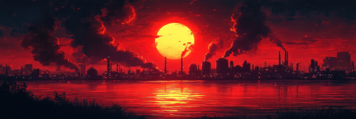 A vibrant orange sunset casts a glow over a city filled with factories, creating reflections on the river below while smoke billows skyward