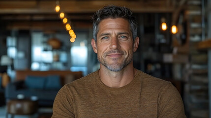 Fototapeta premium The man sitting in a stylish loft environment exudes warmth and friendliness, with a soft smile and a relaxed demeanor