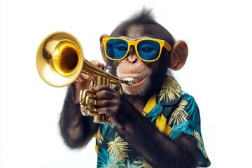 Cheerful monkey in sunglasses and tropical attire joyfully playing trumpet on white background isolated