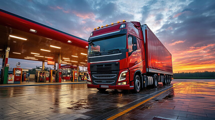Fototapeta premium A red truck stops to refuel at a gas station as the sun sets, casting a warm glow on the surroundings and reflecting off the wet pavement