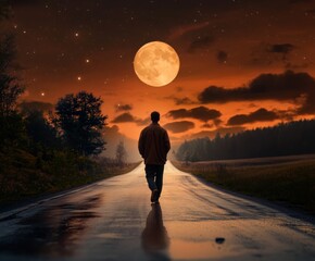 A man walks alone on a wet road at night, heading towards a bright full moon against a star-filled sky. The scene features deep orange hues, serene surroundings, and a reflective road.