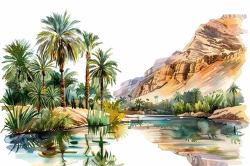 Tropical oasis landscape with palm trees, mountains, and a serene river reflecting nature s beauty Rich greens and warm earth tones create a peaceful atmosphere