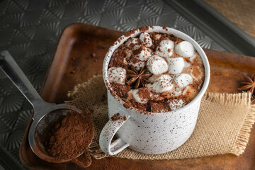 White mug of brown hot chocolate with marshmallows, cocoa powder, and star anise on burlap and a stoneware tray.