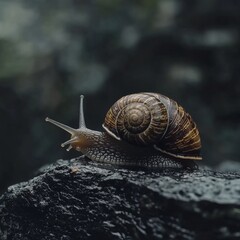 Close-up of a beautifully patterned snail moving slowly across a dark rock surface.