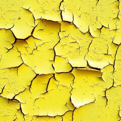 A close-up of vibrant yellow paint peeling and cracking, revealing textured layers underneath.