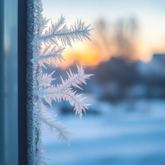 Obraz premium A close-up of intricate frost patterns on a window, with a soft sunset glow in the background, conveying winter's beauty.