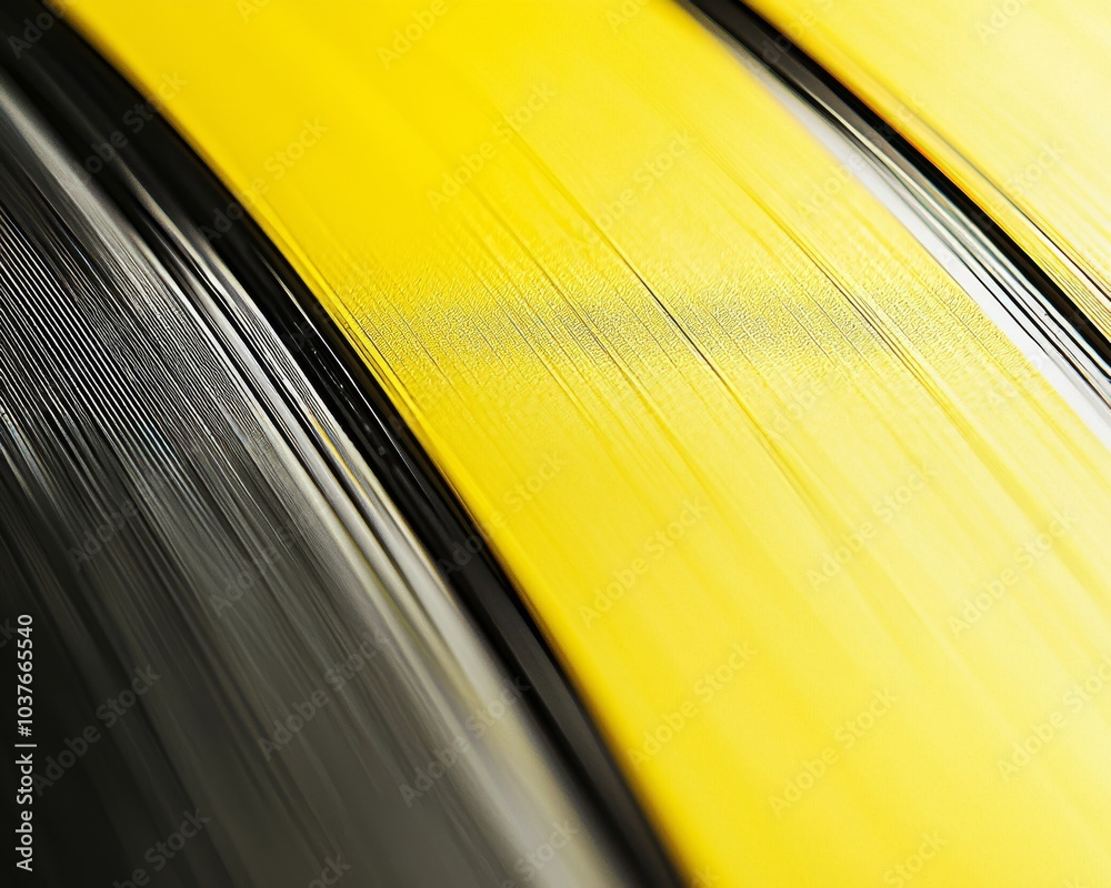 Wall mural Close-up of glossy yellow and black vinyl grooves, showcasing a smooth, modern design with a dynamic feel.