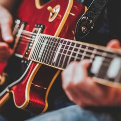 Close-up of a male musician's hands playing a red electric guitar, showcasing craftsmanship and...