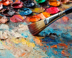 Fototapeta premium A close-up of a paintbrush on a vibrant artist palette filled with various colors and textures.