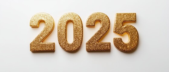 3D Embossed  Golden "2025" on White background,Concept of 2025 new year, luxury, exclusivity, celebration, future, anticipation, time, milestone, achievement.
