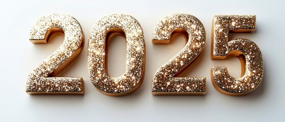 3D Embossed  Golden "2025" on White background,Concept of 2025 new year, luxury, exclusivity, celebration, future, anticipation, time, milestone, achievement.