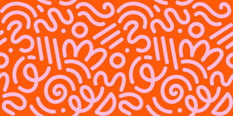 Memphis geometric seamless pattern. Multicolor abstract background in retro 80s, 90s style with various shapes: circles, dots, zigzags, spirals, wavy lines. Bright orange pink cute kid doodle design.