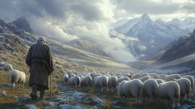 Early in the morning, the elderly shepherd leads his herd of sheep to the plateau. Will not return for three months with sheep