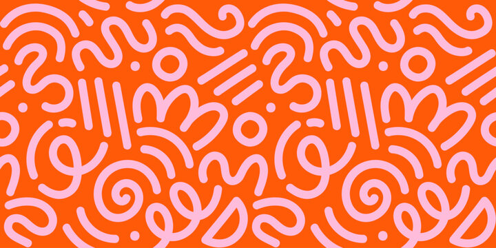 Memphis geometric seamless pattern. Multicolor abstract background in retro 80s, 90s style with various shapes: circles, dots, zigzags, spirals, wavy lines. Bright orange pink cute kid doodle design.